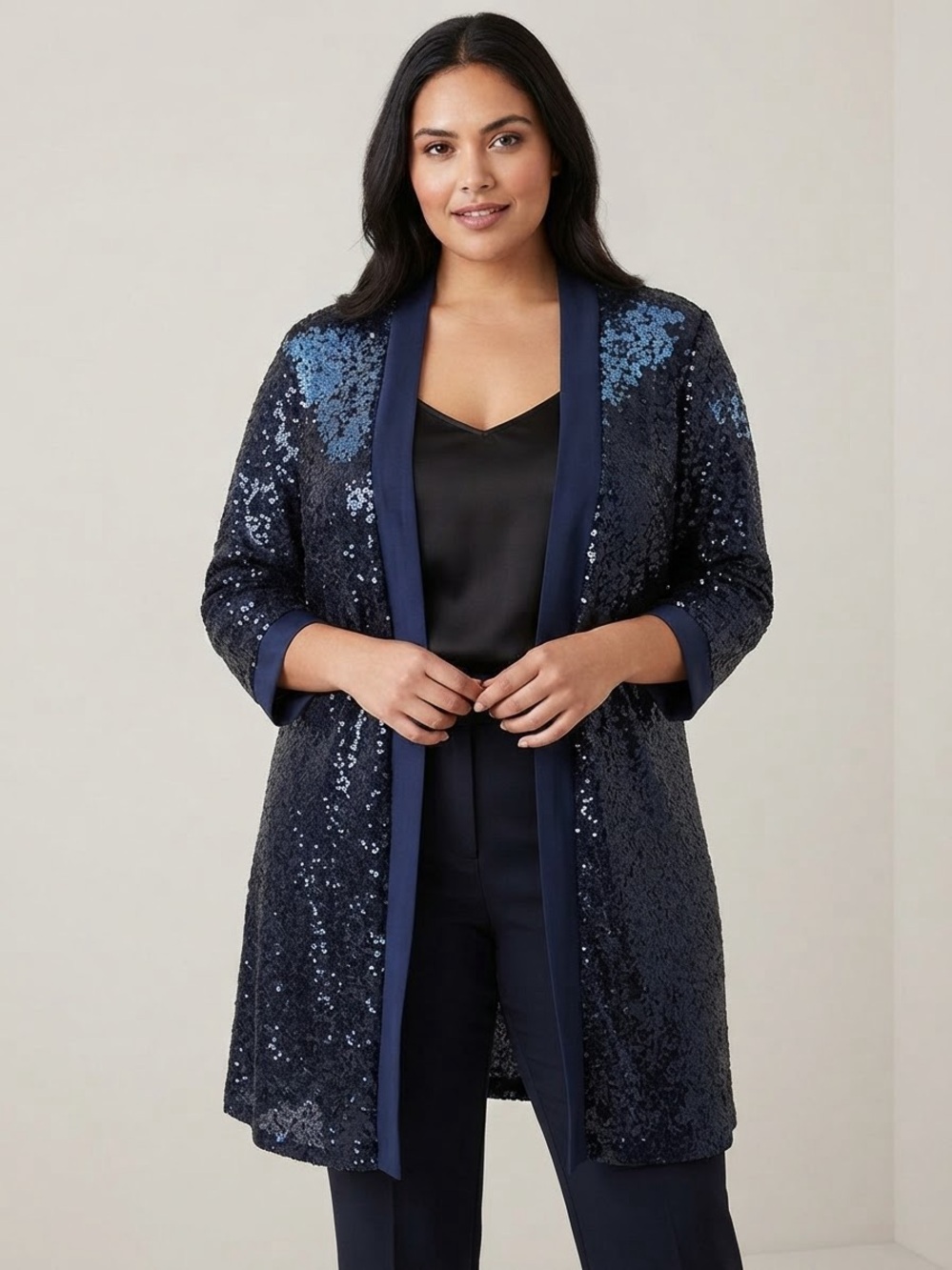 R&M Richards Navy Sequin Open-Front Robe Show Stopper Duster Jacket Sz-14 Flashy